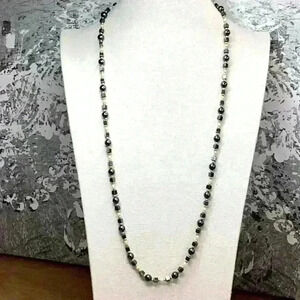 Vintage Stone Necklace with Square and Round Beads - Black White and Gold